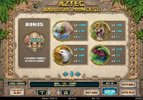 Онлайн аппарат Aztec Warrior Princess - выплаты за символы Выплаты за символы в онлайн аппарате Aztec Warrior Princess
